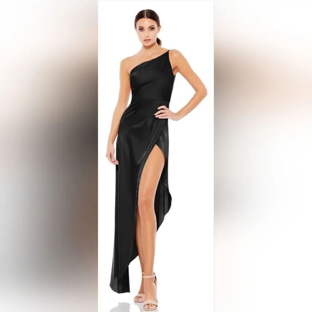 Mac Duggal ONE SHOULDER HI-LOW DRAPED CHARMEUSE DRESS NWOT size 10 Black (70177)